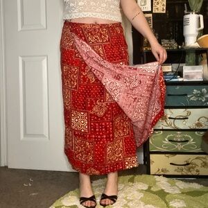 Cutie Vintage Y2K Red Bohemian Paisley Patchwork Quilt Pattern Wrap Maxi Skirt
